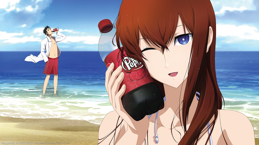 beach black_hair blue_eyes brown_hair drink long_hair makise_kurisu okabe_rintarou short_hair shorts steins;gate