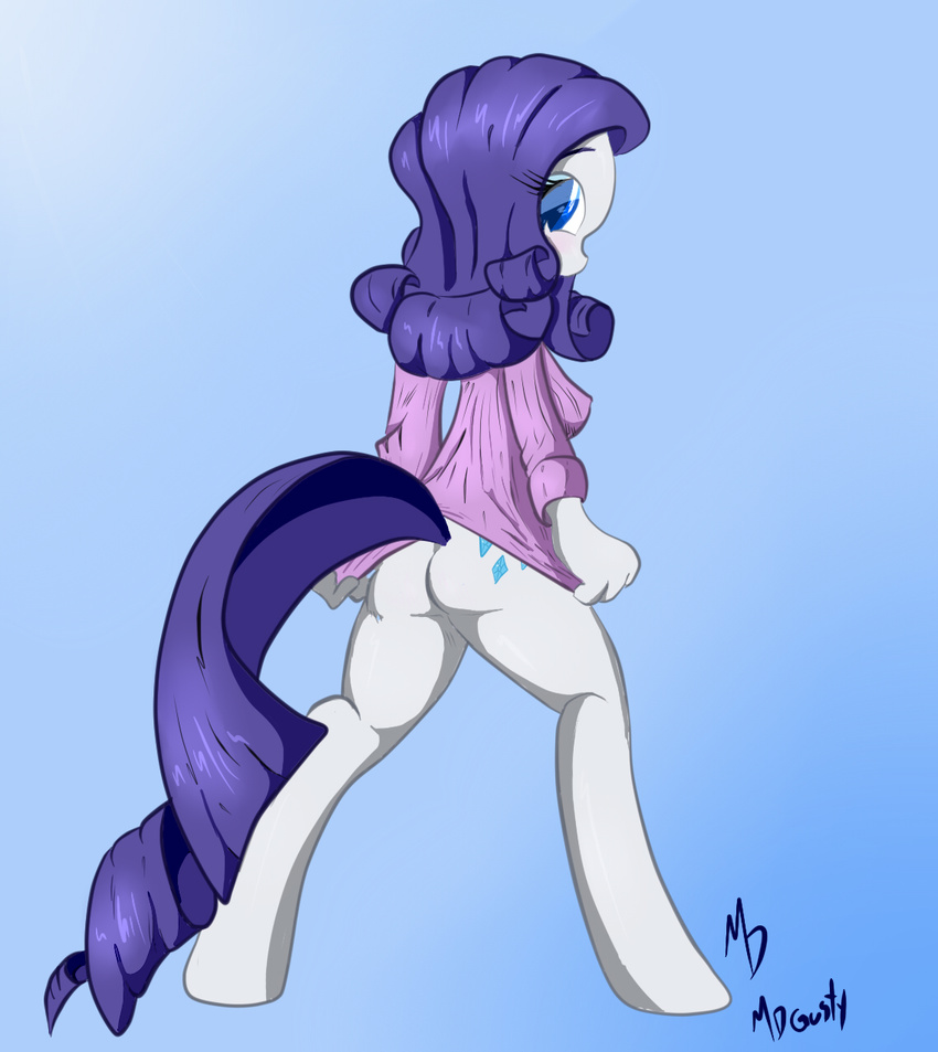 anthrofied back_turned blue_background blue_eyes blush clothing cutie_mark equine female friendship_is_magic fur hair hi_res hooves horn horse looking_at_viewer looking_back mammal mdgusty my_little_pony plain_background pony presenting purple_hair rarity_(mlp) solo standing sweater unicorn white_fur