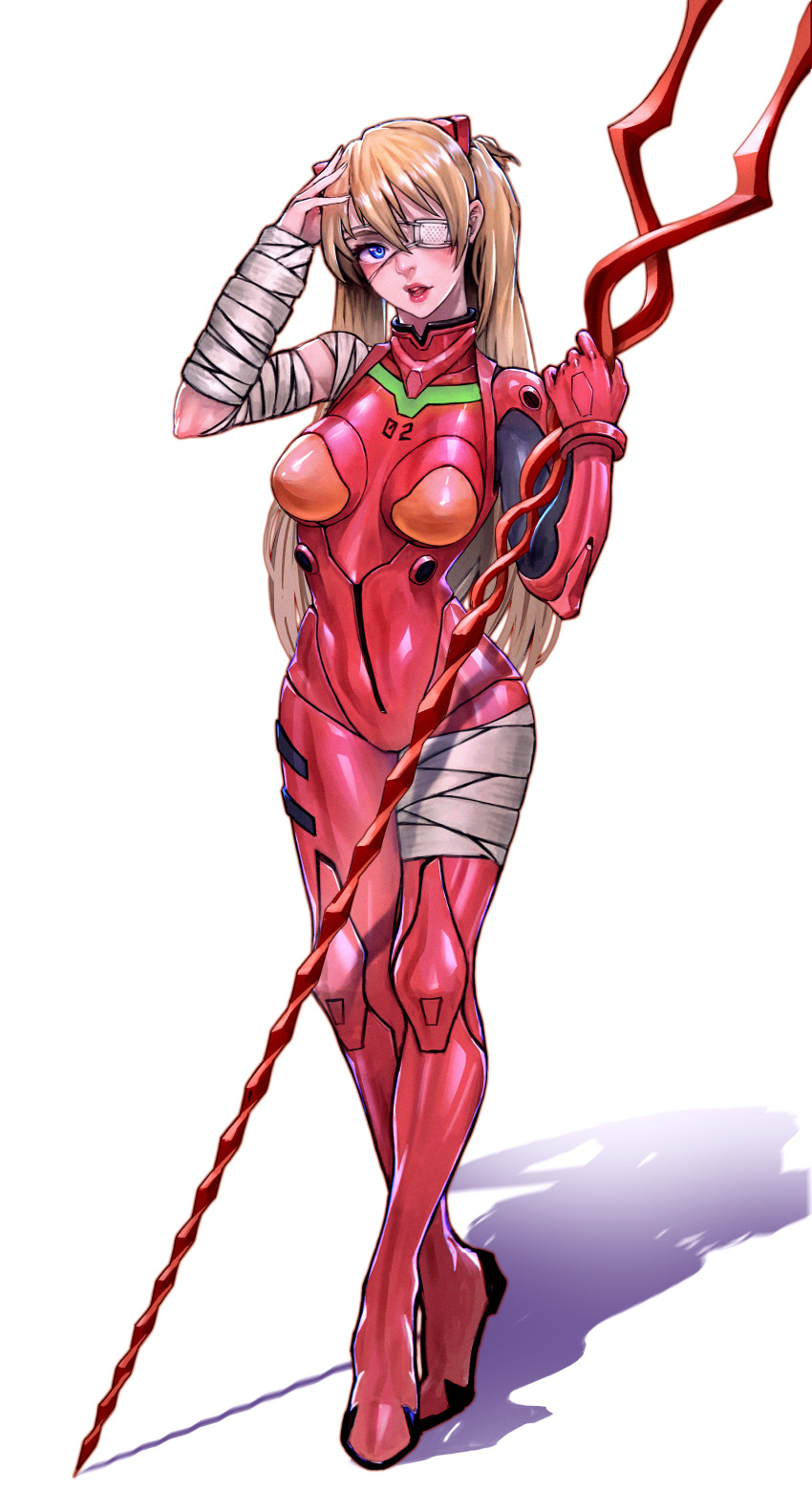 1girl absurdres arm_wrap blue_eyes blush bodysuit breasts eyepatch full_body gloves hair_between_eyes highres lance_of_longinus long_hair looking_at_viewer medium_breasts neon_genesis_evangelion open_mouth plugsuit red_gloves snow7a solo soryu_asuka_langley standing very_long_hair white_background