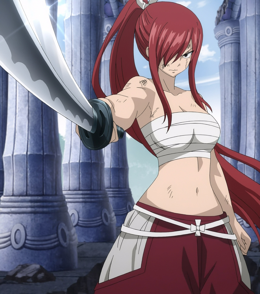 breasts cleavage erza_scarlet fairy_tail hair_over_one_eye hakama highres holding holding_weapon japanese_clothes katana large_breasts long_hair medium_breasts midriff navel ponytail red_hair sarashi screencap stitched sword weapon wide_hips