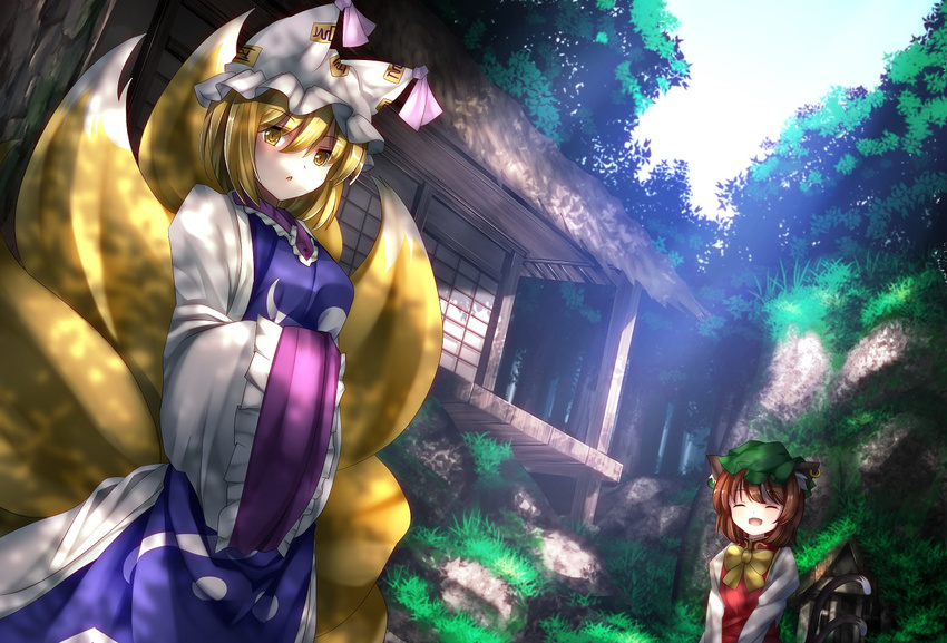 animal_ears architecture blonde_hair bow brown_hair cat_ears cat_tail chen closed_eyes dappled_sunlight dress dutch_angle east_asian_architecture forest fox_tail grass hands_in_opposite_sleeves hat hat_ribbon hokora_(shrine) jewelry looking_at_viewer minamina mob_cap multiple_girls multiple_tails nature open_mouth outdoors pillow_hat ribbon rock short_hair single_earring sliding_doors sunlight tabard tail touhou triangle_mouth v_arms veranda yakumo_ran yellow_eyes