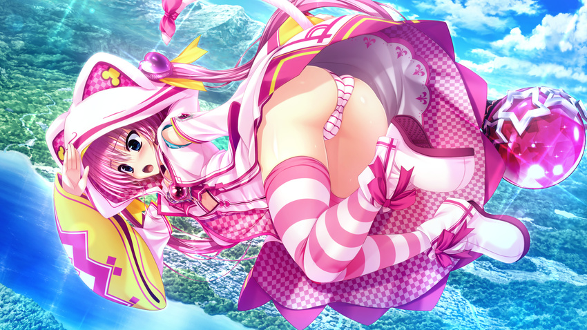 ass benifuji_yuria clochette dress game_cg long_hair oshiki_hitoshi panties pink_hair sakigake_generation striped_panties thighhighs underwear