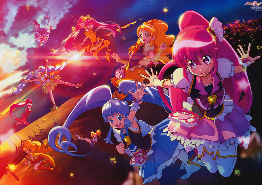 6+girls aino_megumi alternate_form blonde_hair blue_eyes blue_hair blue_skirt boots bow cherry_flamenco coconut_samba crown cure_honey cure_lovely cure_princess earrings flying hair_ornament happinesscharge_precure! heart heart_hair_ornament jewelry lollipop_hip_hop long_hair macadamia_hula_dance magical_girl mini_crown miyamoto_hiroshi multiple_girls official_art oomori_yuuko open_mouth pink_bow pink_eyes pink_hair ponytail popcorn_cheer precure samba sherbet_ballet shirayuki_hime skirt smile thigh_boots thighhighs twintails waving wide_ponytail wrist_cuffs yellow_eyes