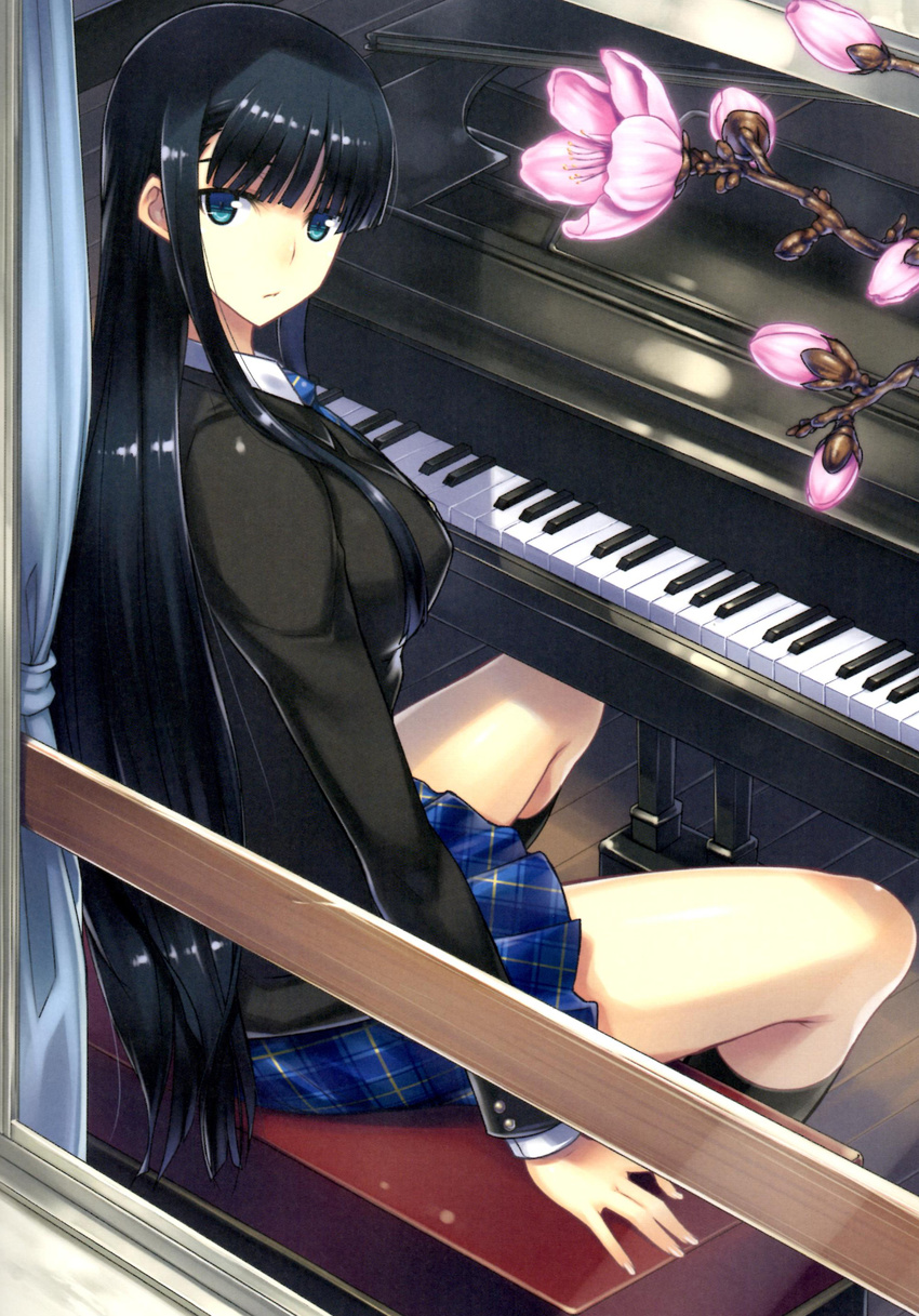 absurdres black_hair blue_eyes darabuchi fingernails flower grand_piano highres instrument long_fingernails long_hair looking_at_viewer looking_back piano school_uniform sitting skirt solo touma_kazusa white_album_2