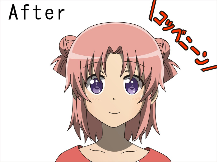 akaza_akari akkari~n alternate_hairstyle before_and_after collarbone double_bun hairstyle_switch look-alike looking_at_viewer mikakunin_de_shinkoukei parody pink_hair purple_eyes red_shirt shirt short_hair smile solo tareme todo_(masa3373) upper_body white_background yonomori_kobeni yuru_yuri