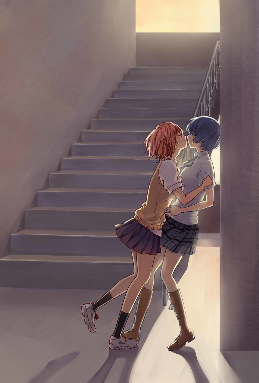 akuma_no_riddle azuma_tokaku blue_eyes blue_hair blush closed_eyes highres ichinose_haru imminent_kiss multiple_girls necktie plaid plaid_skirt red_hair school_uniform short_hair skirt stairs sweater_vest twintails yuri