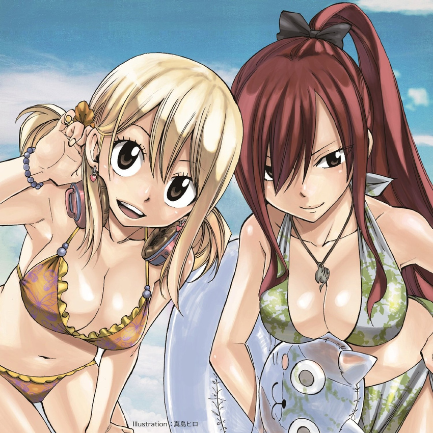 adjusting_hair album_cover artist_name bikini blonde_hair blue_innertube bracelet breasts brown_eyes cleavage cloud cover day earrings erza_scarlet fairy_tail flower frilled_bikini frills hair_flower hair_ornament hair_over_one_eye halterneck hand_on_thigh happy_(fairy_tail) headphones headphones_around_neck heart heart_earrings highres innertube jewelry large_breasts long_hair lucy_heartfilia mashima_hiro multiple_girls necklace official_art open_mouth pendant ponytail red_hair ribbon sarong short_hair short_twintails sky smile swimsuit twintails