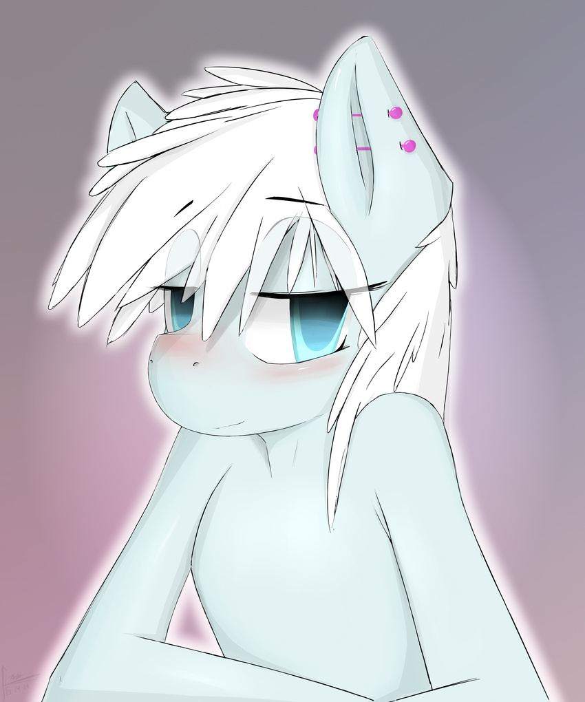 blue_eyes blush ear_piercing equine female hair hi_res horse looking_at_viewer majikplant420 mammal my_little_pony piercing plain_background pony solo volt_splicer white_hair