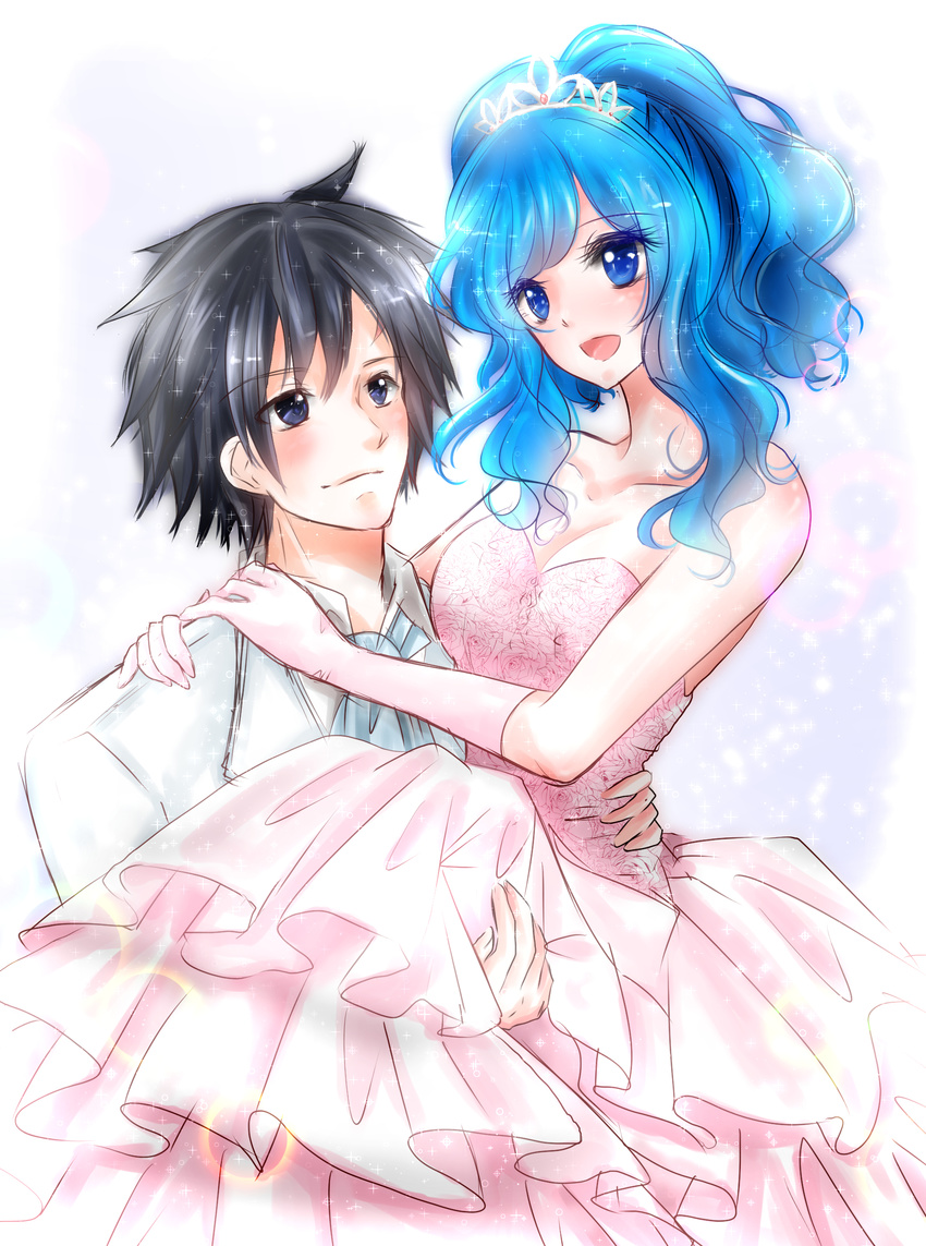 1boy 1girl black_hair blue_hair blush breasts couple dress fairy_tail gloves gray_fullbuster highres juvia_loxar long_hair medium_breasts pink_dress wedding wedding_dress