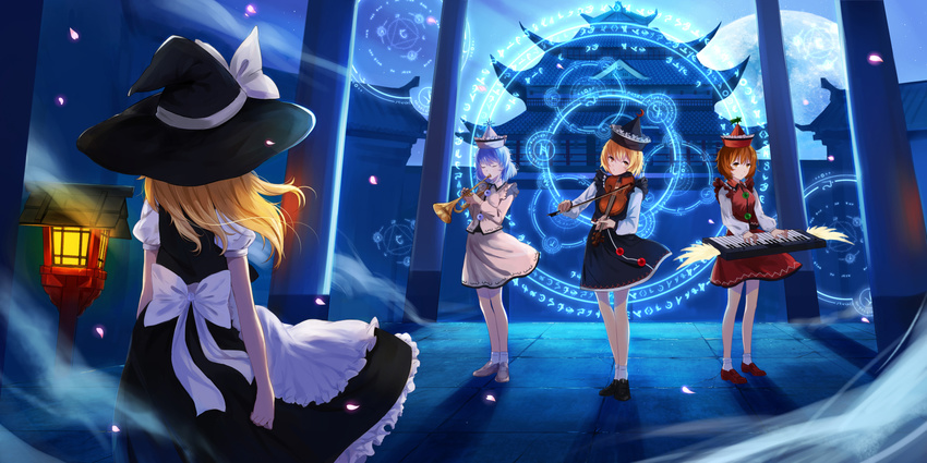 architecture blonde_hair blue_hair bobby_socks bow bow_(instrument) brown_hair closed_eyes east_asian_architecture facing_away hat hat_bow highres instrument keyboard_(instrument) kirisame_marisa lantern loafers long_sleeves looking_at_another lunasa_prismriver lyrica_prismriver magic_circle merlin_prismriver moon multiple_girls music night night_sky perfect_cherry_blossom petals playing_instrument puffy_short_sleeves puffy_sleeves red_eyes samizuban shadow shirt shoes short_hair short_sleeves skirt skirt_set sky socks touhou trumpet vest violin white_shirt witch_hat wooden_lantern yellow_eyes