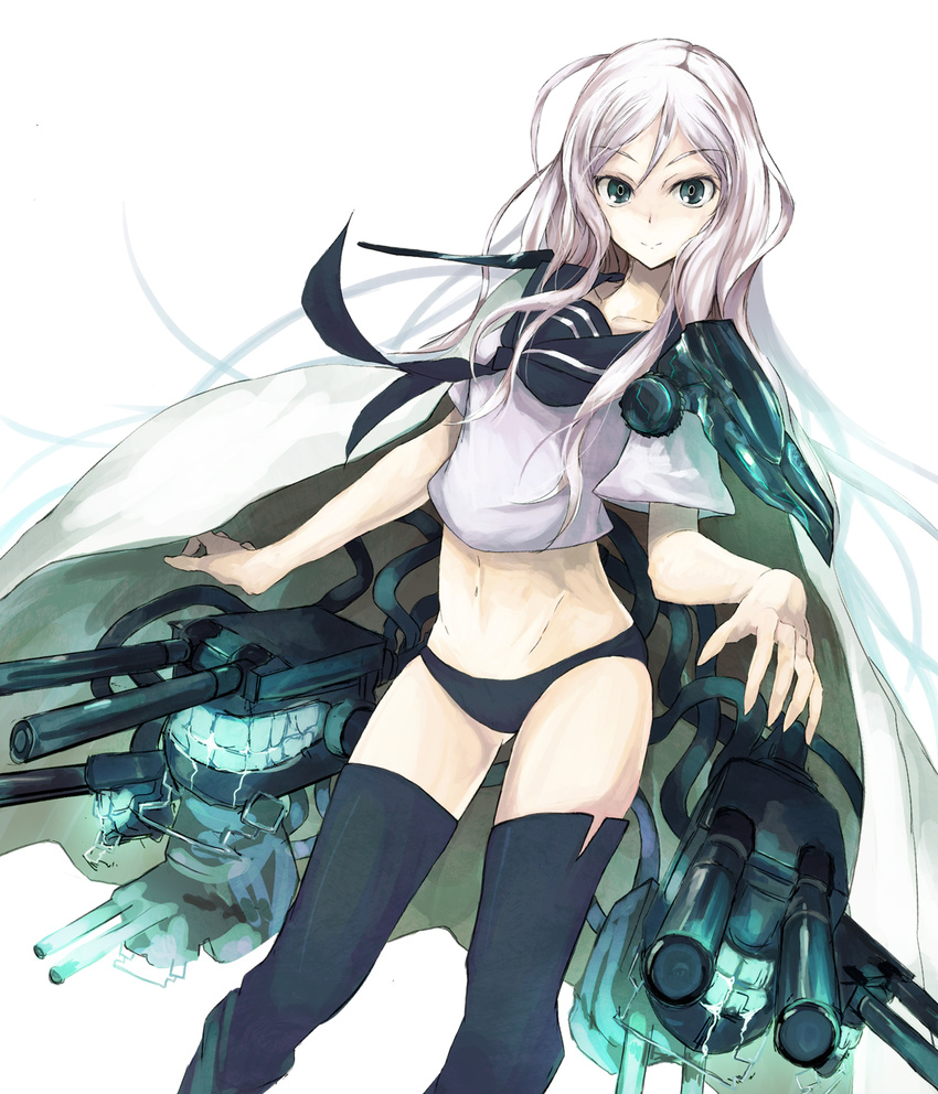 asagi_(kabocha_oukoku) bad_anatomy bad_id bad_pixiv_id black_legwear black_panties green_eyes highres kantai_collection looking_at_viewer navel panties school_uniform serafuku shinkaisei-kan simple_background smile solo ta-class_battleship thighhighs turret underwear white_background white_hair