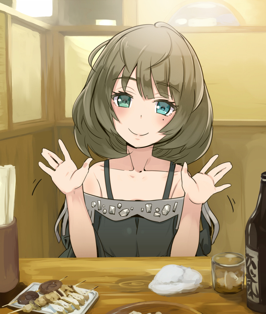 bad_id bad_pixiv_id bare_shoulders blue_eyes bottle brown_hair chopsticks collarbone food glass green_eyes heterochromia highres idolmaster idolmaster_cinderella_girls kawaty looking_at_viewer mole mole_under_eye plate sake_bottle short_hair smile solo takagaki_kaede