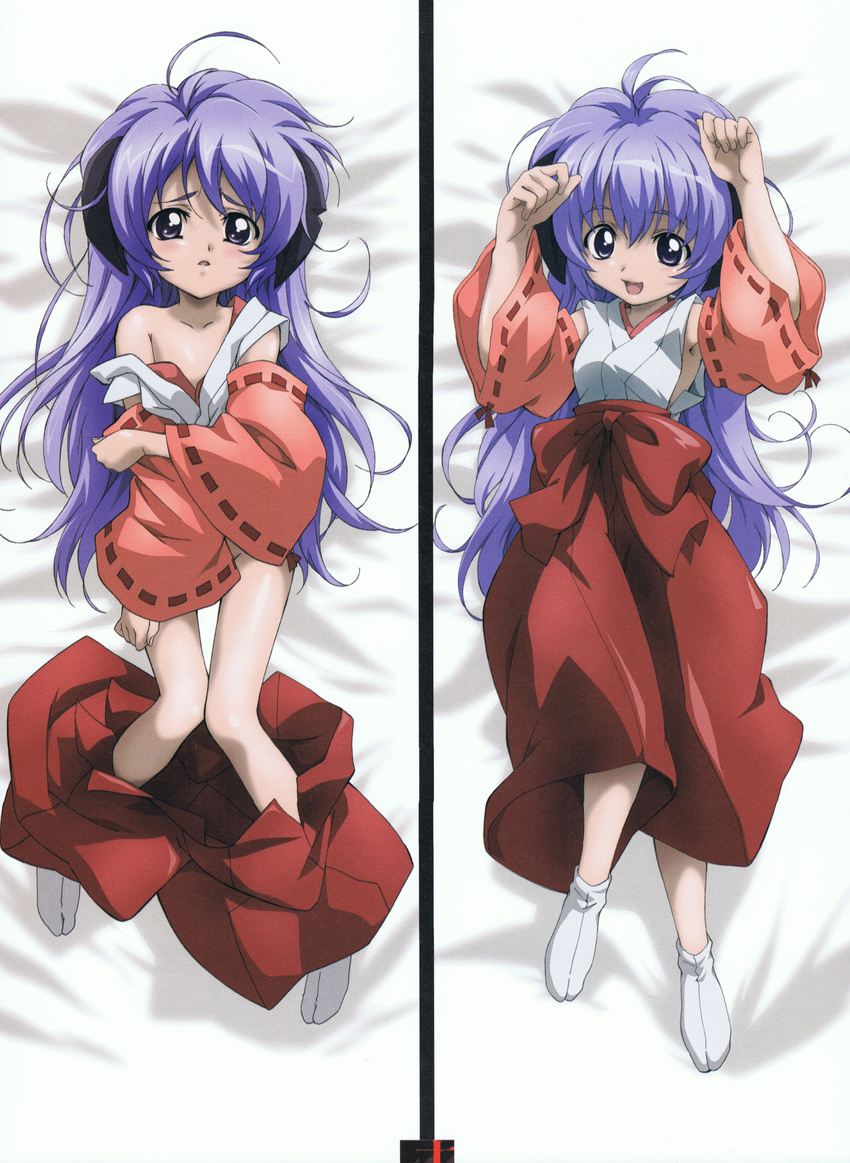 armpits arms_up covering covering_crotch dakimakura detached_sleeves hakama hanyuu highres higurashi_no_naku_koro_ni horns japanese_clothes knees_together_feet_apart kuroda_kazuya long_hair lying miko multiple_views off_shoulder official_art on_back pants_down purple_eyes purple_hair red_hakama smile socks tabi