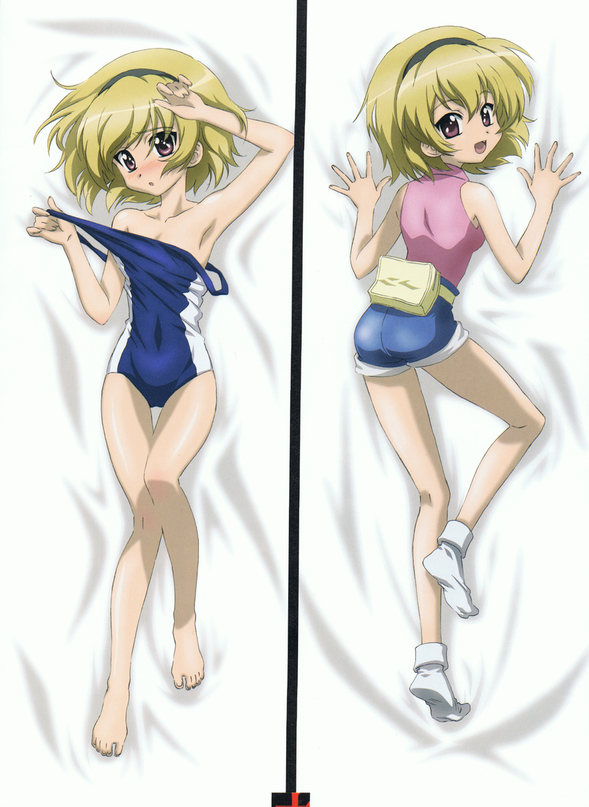 :d :o alternate_costume arm_up armpits ass bare_shoulders barefoot bed_sheet blonde_hair blue_swimsuit blush bobby_socks breasts covered_navel dakimakura denim denim_shorts embarrassed fang fanny_pack from_above full_body hairband hand_on_own_head highres higurashi_no_naku_koro_ni houjou_satoko kneepits kuroda_kazuya legs looking_at_viewer looking_back lying multiple_views nose_blush off_shoulder official_art on_back on_bed on_stomach one-piece_swimsuit open_mouth purple_eyes shirt short_hair short_shorts shorts sleeveless sleeveless_shirt small_breasts smile socks strap_pull swimsuit swimsuit_pull thigh_gap undressing