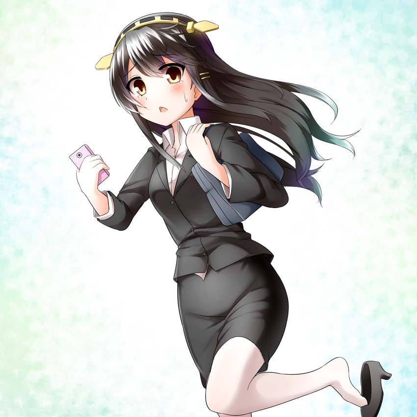 alternate_costume black_hair cellphone faubynet formal hair_ornament hairband hairclip haruna_(kantai_collection) highres jacket kantai_collection long_hair office_lady pantyhose pencil_skirt phone revision shoe_dangle skirt skirt_suit smartphone solo suit