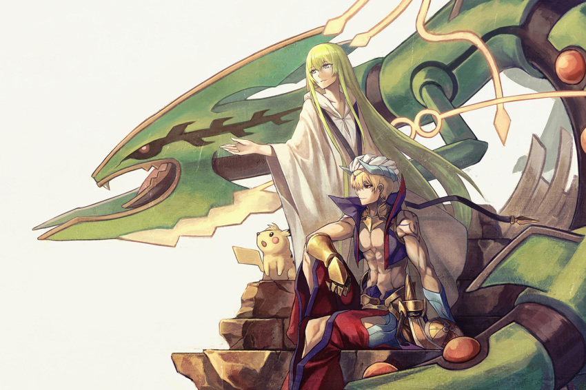 2boys a-er_(akkij0358) abs aegislash blonde_hair circlet closed_mouth commentary_request creatures_(company) crossover earrings enkidu_(fate/strange_fake) fate/grand_order fate_(series) game_freak gauntlets gen_1_pokemon gen_3_pokemon gen_6_pokemon gilgamesh gilgamesh_(caster)_(fate) gorget green_eyes green_hair grey_background horns jewelry knee_up long_hair long_sleeves mega_pokemon mega_rayquaza multiple_boys muscle nintendo open_mouth open_pants pants parted_lips pikachu pokemon rayquaza red_eyes red_pants robe simple_background single_gauntlet sitting smile standing turban very_long_hair wide_sleeves