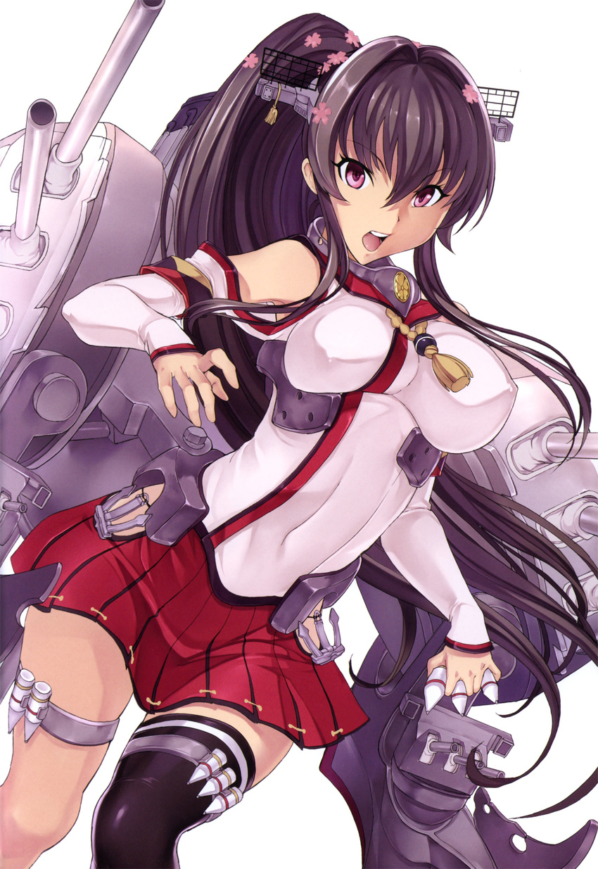 absurdres black_hair breasts hair_ornament hakaba_(dairiseki) highres kantai_collection large_breasts long_hair looking_at_viewer miniskirt open_mouth ponytail purple_eyes single_thighhigh skirt solo thighhighs very_long_hair yamato_(kantai_collection)