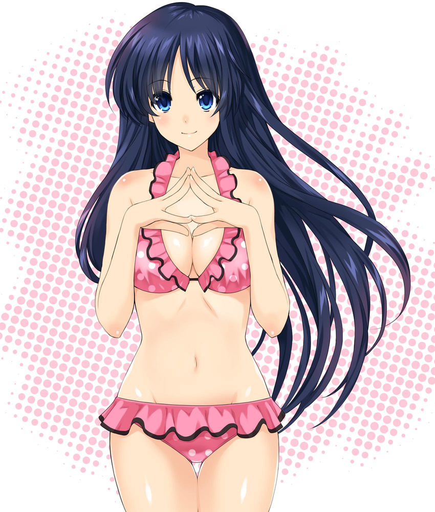 bad_id bad_pixiv_id bikini black_hair blue_eyes breasts cleavage frilled_bikini frills highres kamia_(not_found) long_hair medium_breasts original solo standing swimsuit yukino_sayuri