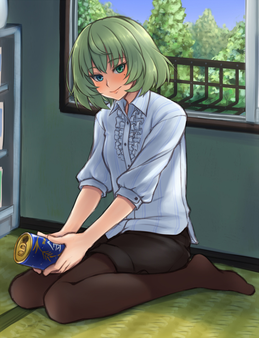 alternate_hair_color beer_can black_legwear blue_eyes blush can frilled_shirt frills full_body green_eyes green_hair heterochromia highres holding idolmaster idolmaster_cinderella_girls kou_(garakuta_teikoku) looking_at_viewer mole mole_under_eye on_floor pantyhose shirt short_hair sitting smile solo takagaki_kaede tatami tree window