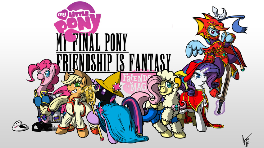 applejack_(mlp) armor blonde_hair blue_fur chainsaw clothing cowboy_hat crossover cynos-zilla earth_pony english_text equine female final_fantasy fluttershy_(mlp) flying freckles friendship_is_magic fur group hair hat horn horse magic mammal mask multi-colored_hair my_little_pony open_mouth orange_fur pegasus pink_fur pink_hair pinkie_pie_(mlp) pony purple_fur purple_hair rainbow_dash_(mlp) rainbow_hair rainbow_tail rarity_(mlp) scepter smile teeth text twilight_scepter_(mlp) twilight_sparkle_(mlp) unicorn video_games weapon white_fur wings yellow_fur