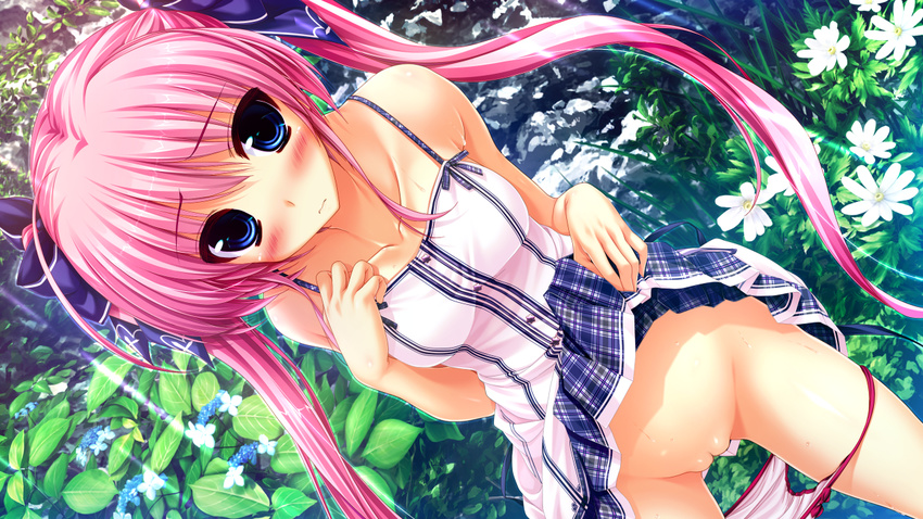 1girl benifuji_yuria benifuzi_yuria blue_eyes blush breasts cleft_of_venus flowers from_above game_cg hair_ornament hair_ribbon leaves long_hair looking_at_viewer mound_of_venus nopan oshiki_hitoshi panties panties_around_leg panty_pull pink_hair public_nudity pussy ribbon sakigake_generation sakigake_generation! skirt skirt_lift solo thighs twintails uncensored underwear very_long_hair