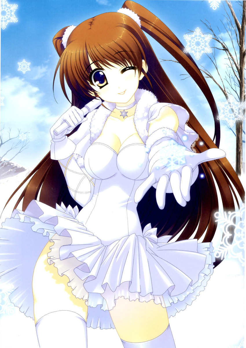 ;d absurdres breasts brown_eyes brown_hair capelet cleavage gloves higa_yukari highres medium_breasts microphone ogiso_setsuna one_eye_closed open_mouth scan smile snowflakes thighhighs twintails white_album_2 white_gloves white_legwear