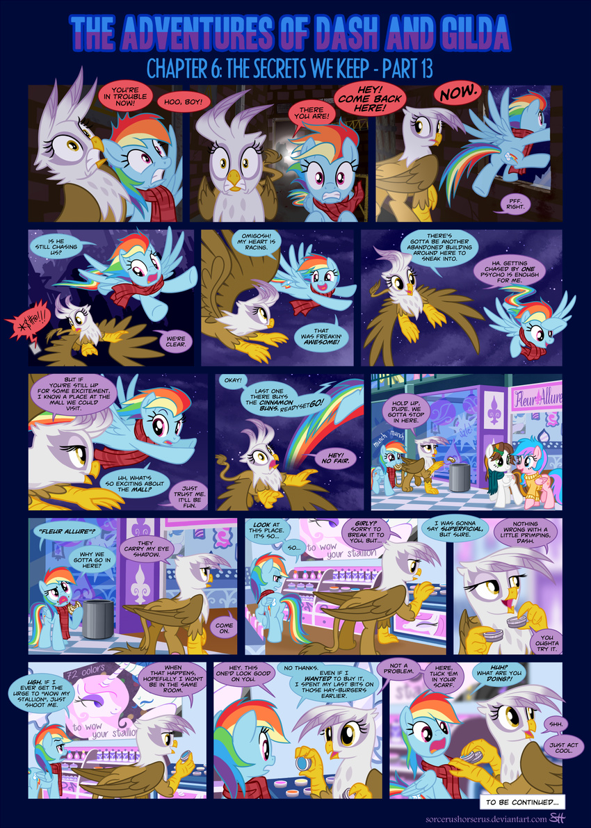 avian blue_eyes blue_fur blue_hair bottle brown_hair cinnamon_bun comic cutie_mark dialog eating english_text equine factory fancypants_(mlp) female fleur_de_lis_(mlp) flying friendship_is_magic fur gilda_(mlp) glass group gryphon hair horn jewelry makeup mammal multi-colored_hair my_little_pony open_mouth pegasus pink_hair purple_eyes rainbow_dash_(mlp) rainbow_hair rainbow_tail scared scarf shoplifting snow sorcerushorserus speech_balloon stars stealing text trash_can window wings winter yellow_eyes