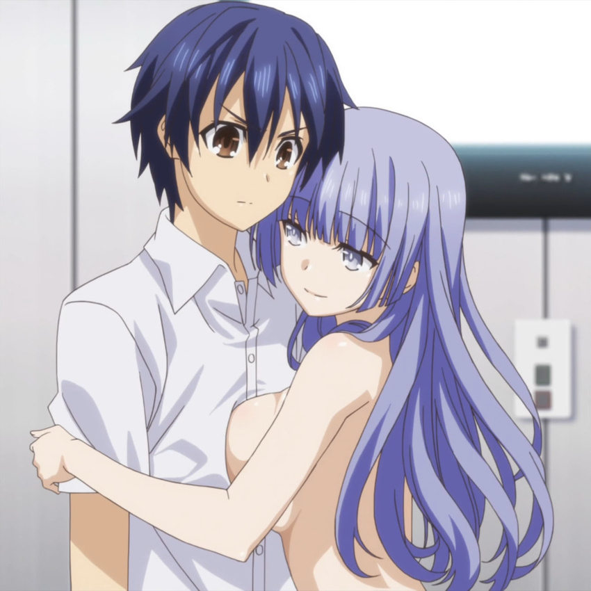 aqua_eyes aqua_hair blue_hair brown_eyes clothed_male_nude_female clothed_on_nude date_a_live hug itsuka_shido itsuka_shidou izayoi_miku long_hair nude screencap