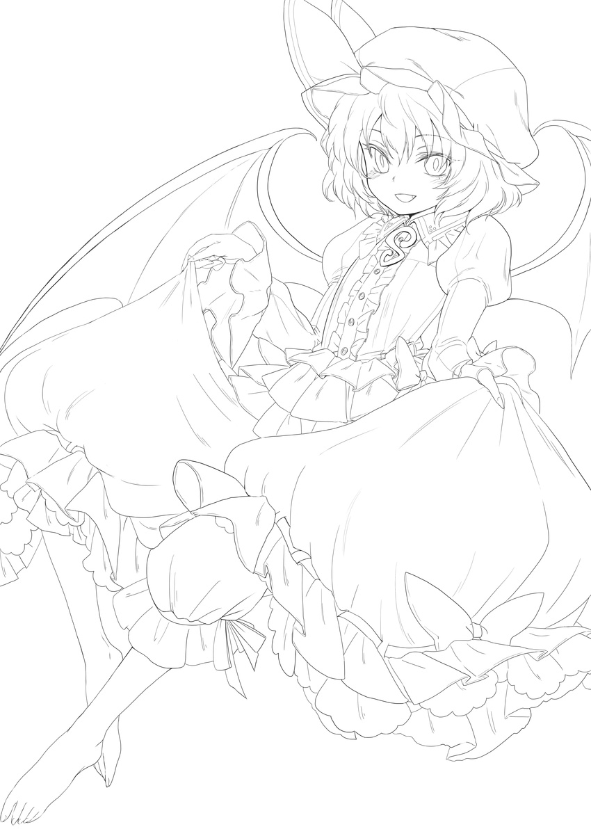absurdres barefoot bloomers chikado curtsey dress flat_chest greyscale hat highres lineart looking_at_viewer monochrome remilia_scarlet short_hair smile solo touhou transparent_background underwear wings