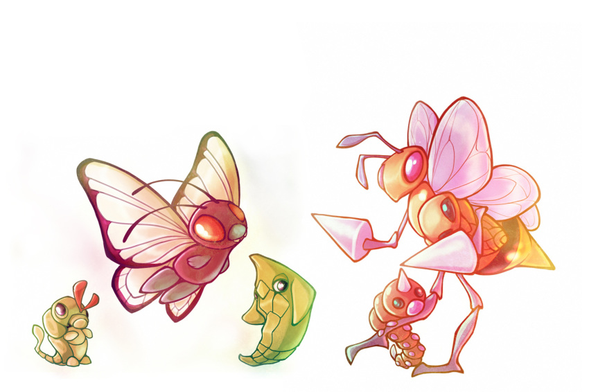 antennae bee beedrill bug butterfly butterfree caterpie commentary creature creatures_(company) english_commentary evolution eye_contact fangs flying francis_lumanog game_freak gen_1_pokemon holding holding_pokemon horn insect kakuna looking_at_another metapod nintendo no_humans orange_eyes pink_eyes pokemon pokemon_(creature) simple_background standing standing_on_one_leg weedle white_background