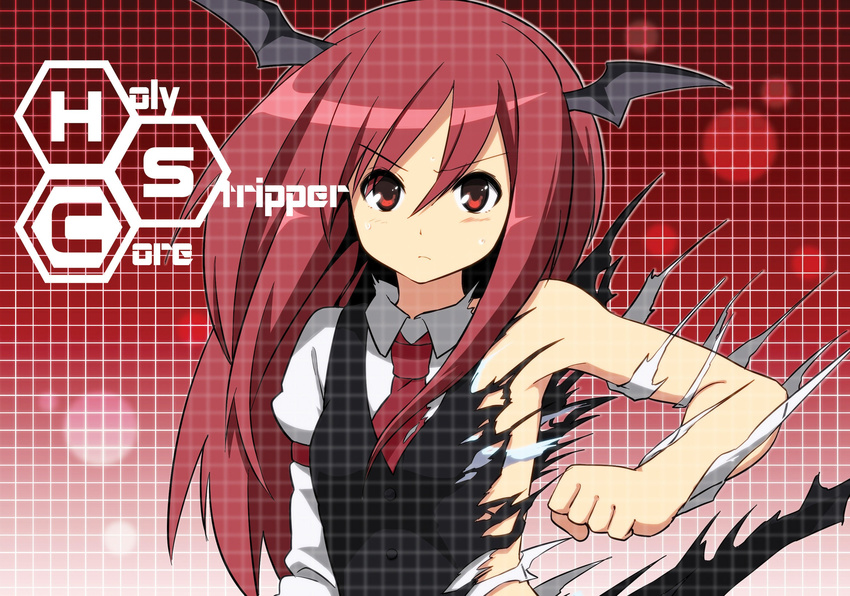 armband asymmetrical_clothes bare_arms bare_shoulders bat_wings censored clenched_hand convenient_censoring demon_wings dress_shirt exploding_clothes frown gradient gradient_background grid head_wings hexagon highres koakuma leon_(mikiri_hassha) long_hair looking_at_viewer necktie red red_background red_eyes red_hair red_neckwear shirt solo stitched sweat third-party_edit torn_clothes touhou vest white_shirt wings