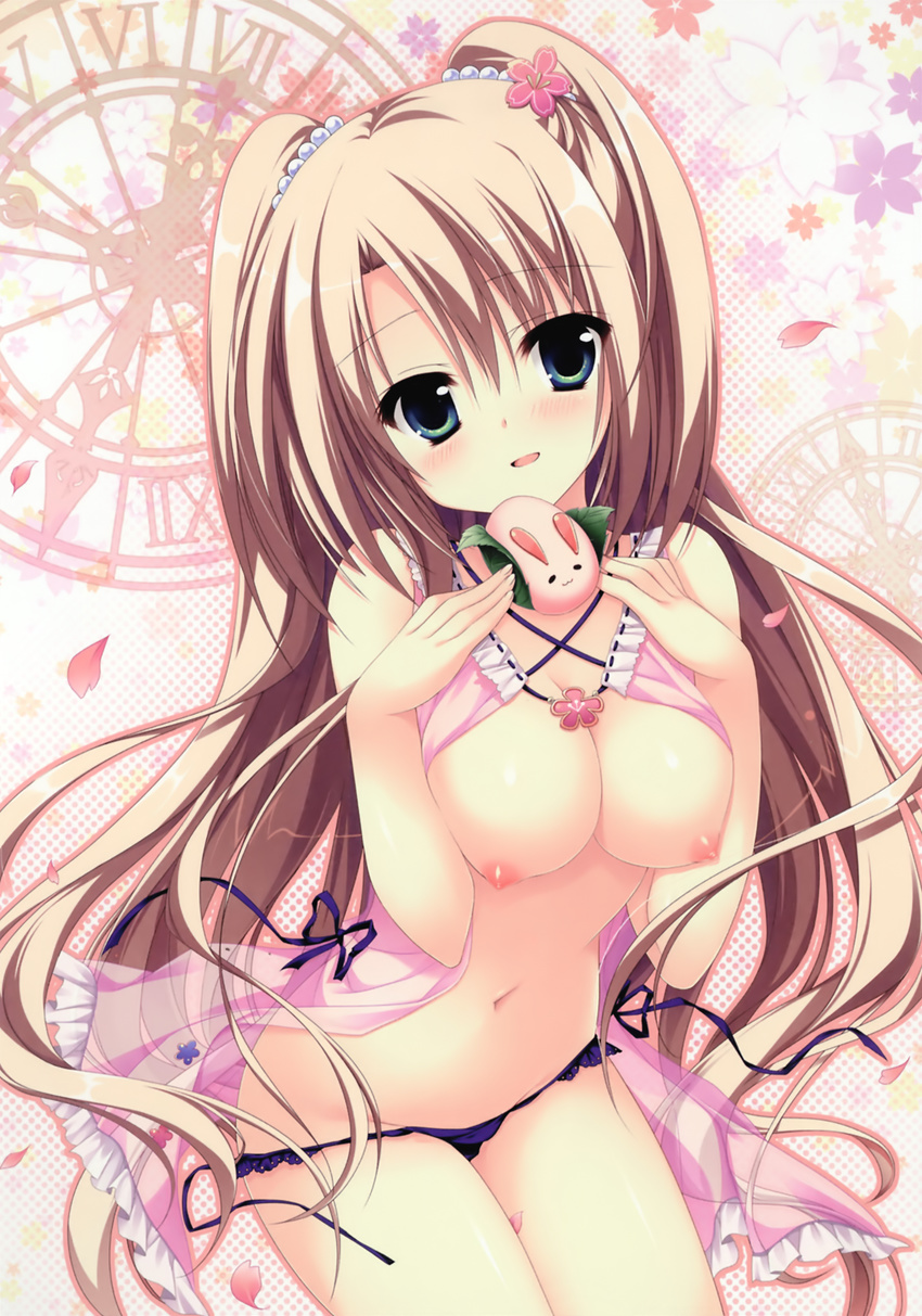 :d asakura_hayate babydoll black_panties blue_eyes blush breast_suppress breasts breasts_outside brown_hair cherry_blossoms cleavage flower food hair_flower hair_ornament highres long_hair looking_at_viewer majo_koi_nikki medium_breasts navel nipples open_clothes open_mouth open_shirt panties panty_pull parted_lips sakura_mochi see-through shiny shiny_skin shirt side-tie_panties smile tokeizaka_kanon underwear untied untied_panties very_long_hair wagashi