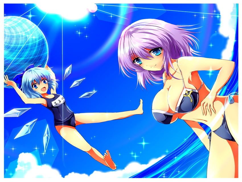 arms_up bikini blue_bikini blue_eyes blue_hair blue_sky bow breasts cirno cleavage cloud collarbone day fisheye flat_chest flying hair_bow highres ice ice_wings large_breasts lens_flare letty_whiterock looking_at_viewer multiple_girls nekominase open_mouth outdoors purple_hair school_swimsuit side-tie_bikini sky smile swimsuit touhou water wings