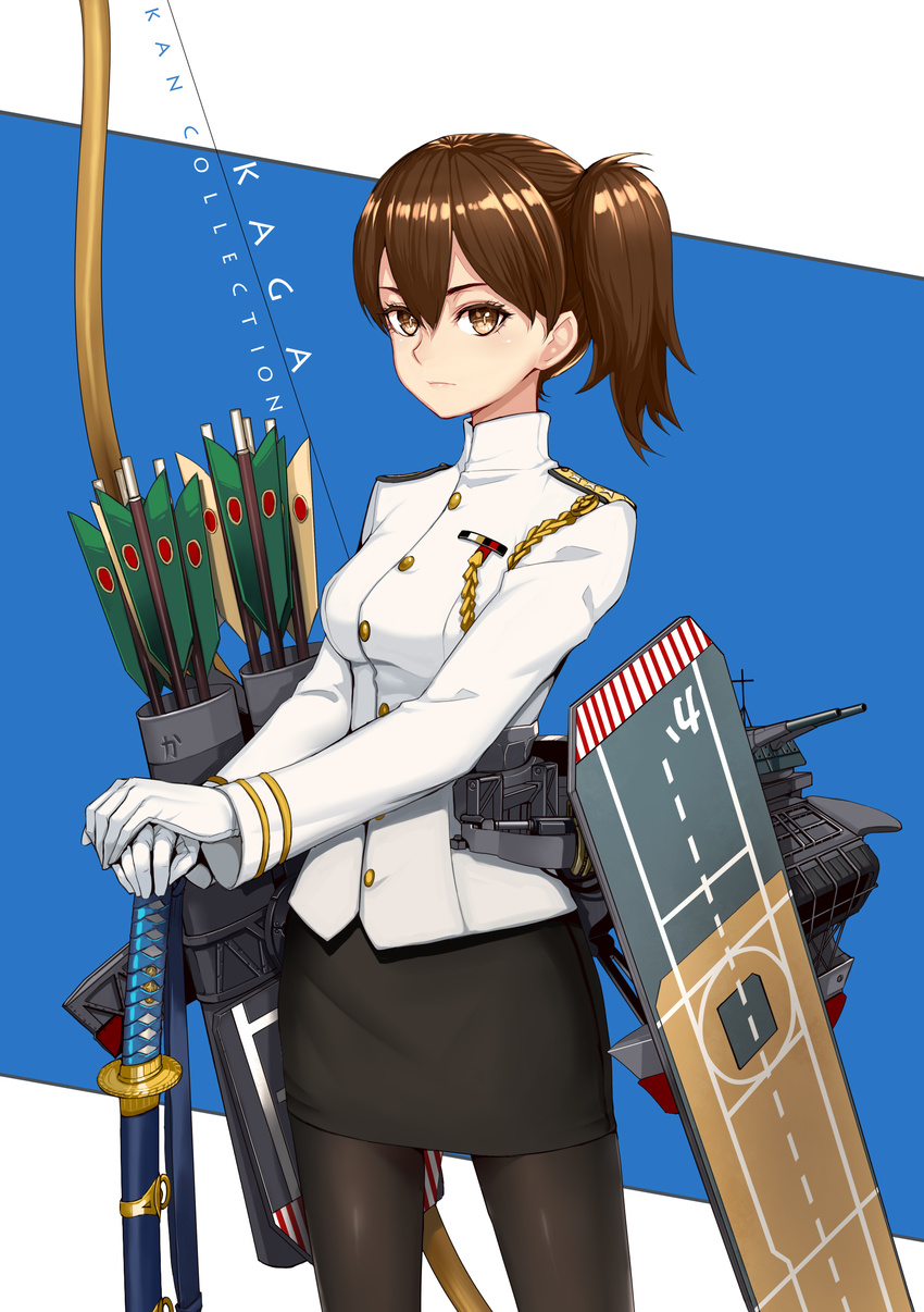 absurdres alternate_costume arrow black_legwear bow_(weapon) breasts brown_eyes brown_hair cannon character_name copyright_name eyelashes flight_deck gloves hands_on_hilt highres jacket kaga_(kantai_collection) kantai_collection katana lips looking_at_viewer medium_breasts military military_uniform naval_uniform pantyhose pencil_skirt planted_sword planted_weapon quiver realmbw short_hair side_ponytail skirt solo sword turret uniform weapon white_gloves