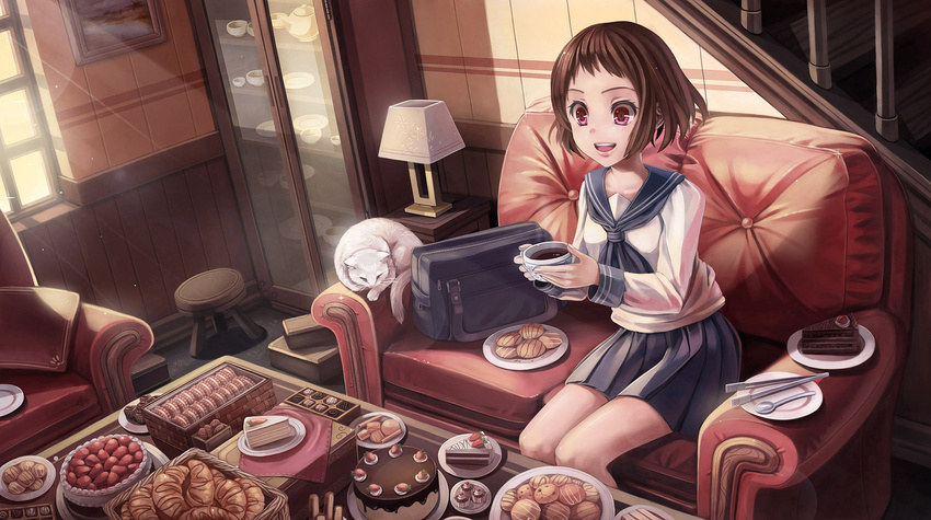 armoire bag box_of_chocolates bread brown_hair cabinet cake cat chocolate chocolate_cake cookie couch croissant cup food highres hyouka ibara_mayaka lamp pink_eyes plate school_bag short_hair stairs sunimu sweets teacup window