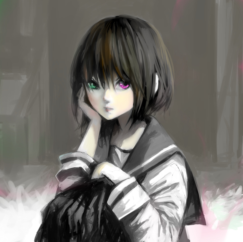 arm_rest arm_support black_hair green_eyes grey_background greyscale hand_on_own_face heterochromia lips long_sleeves monochrome nyanpe original parted_lips purple_eyes school_uniform serafuku short_hair simple_background solo spot_color