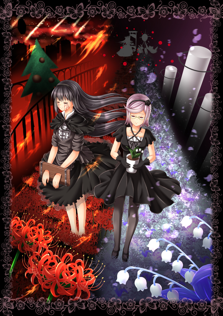 akemi_homura asami_saki barefoot black_gloves black_hair black_legwear closed_eyes divinebuster12 dress fire flower flower_pot funeral_dress glasses gloves guillotine hairband highres homulilly long_hair mahou_shoujo_kazumi_magica mahou_shoujo_madoka_magica mahou_shoujo_madoka_magica_movie multiple_girls pantyhose plejaden_von_asunaro purple_hair semi-rimless_eyewear short_hair smile spider_lily spoilers stocks trait_connection under-rim_eyewear yellow-framed_eyewear