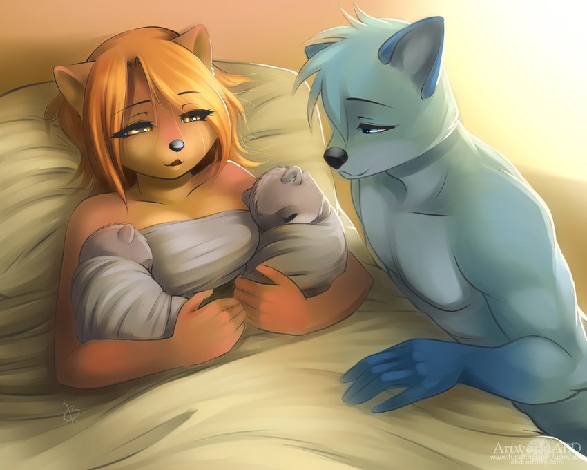 ada'hy ada'hy aleshanee blue_eyes blue_fur breasts clothed clothing cub cushion father female fur group lying male mother open_mouth orange_eyes orange_fur parent sibling skinny straight twins young
