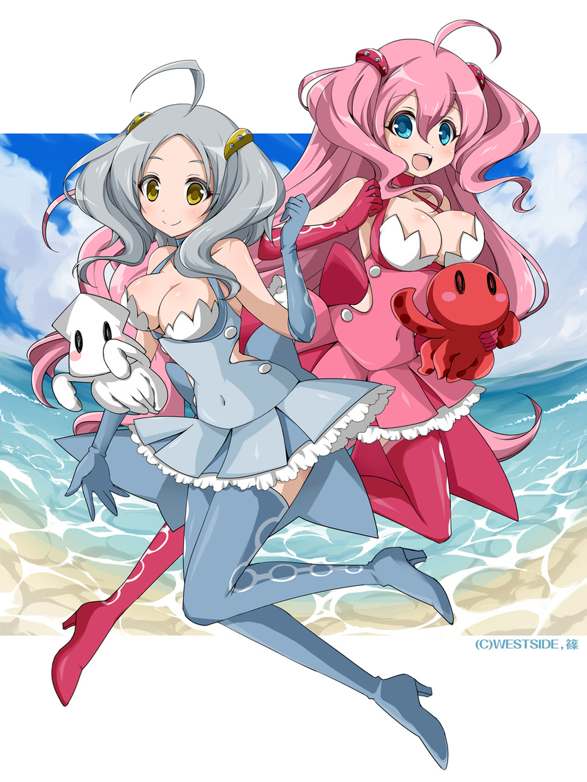 ahoge bad_id bad_pixiv_id bare_shoulders beach blue_eyes boots breasts cleavage dress elbow_gloves gloves hair_ornament highres long_hair looking_at_viewer medium_breasts multiple_girls octopus open_mouth original pink_hair sand silver_hair smile squid syno thigh_boots thighhighs very_long_hair water yellow_eyes
