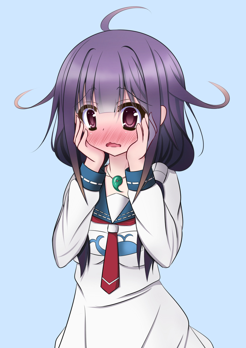 ahoge blue_background blush collarbone cowboy_shot dress embarrassed frown hands_on_own_cheeks hands_on_own_face highres jewelry kantai_collection long_sleeves magatama matsuri_furi neckerchief necklace pendant purple_hair red_eyes red_neckwear sailor_collar sailor_dress simple_background solo taigei_(kantai_collection) white_dress