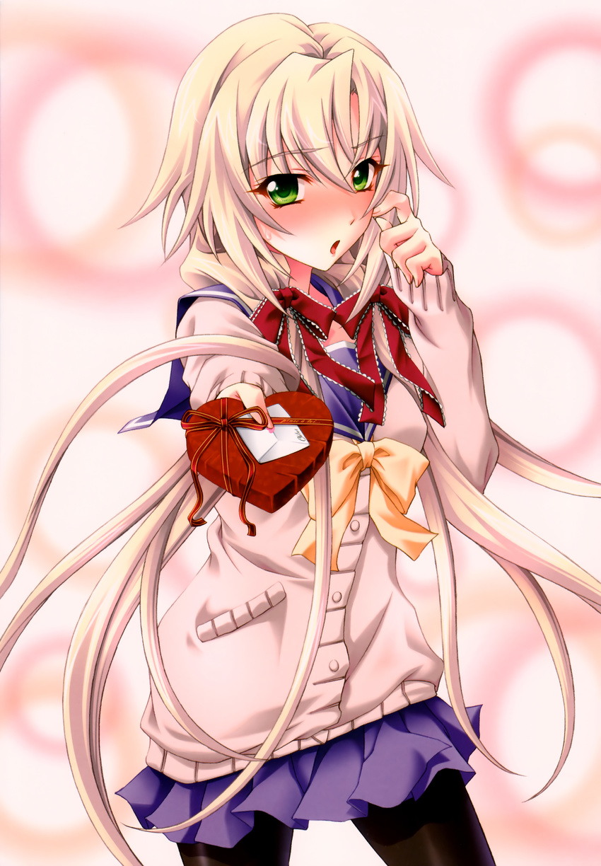 absurdres blonde_hair blush box green_eyes heart-shaped_box highres kagamigawa_chloe koshimizu_takayuki long_hair memories_off memories_off_6 pantyhose ribbon school_uniform solo twintails valentine