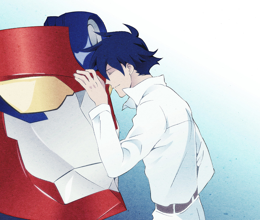 belt blue_hair closed_eyes hayami_sukaruchinofu lagann male_focus mecha simon solo somber tengen_toppa_gurren_lagann tengen_toppa_gurren_lagann:_lagann-hen tuxedo