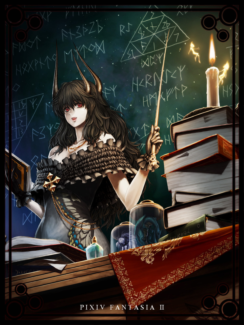 aoi_subaru bare_shoulders black_hair book candle chalkboard dress frills gloves highres horns jar long_hair pixiv_fantasia pixiv_fantasia_2 pointer red_eyes teacher