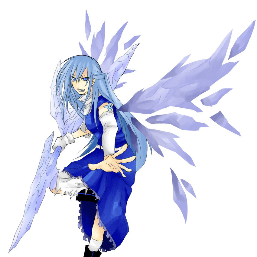 bad_id bad_pixiv_id blue_eyes blue_hair boots cirno crystal_sword highres ice inu_tsuki long_hair older solo sword touhou weapon wings