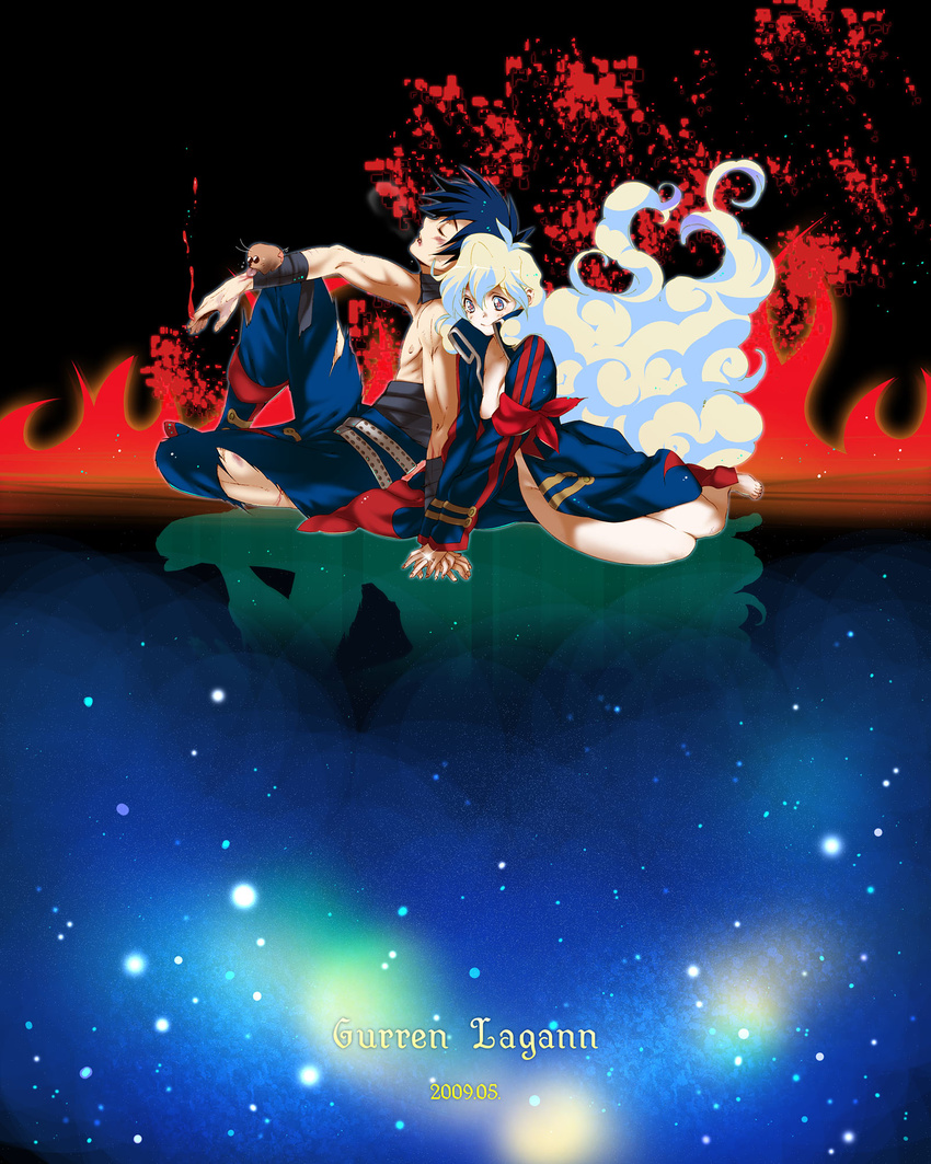 1boy 1girl barefoot blood blue_hair boota closed_eyes coat couple fire hetero highres holding_hands injury jewelry licking long_hair multicolored_hair naked_coat nia_teppelin pixels reflection ring simon smile space star tengen_toppa_gurren_lagann tengen_toppa_gurren_lagann:_lagann-hen tongue topless torn_clothes very_long_hair yukimitsuki