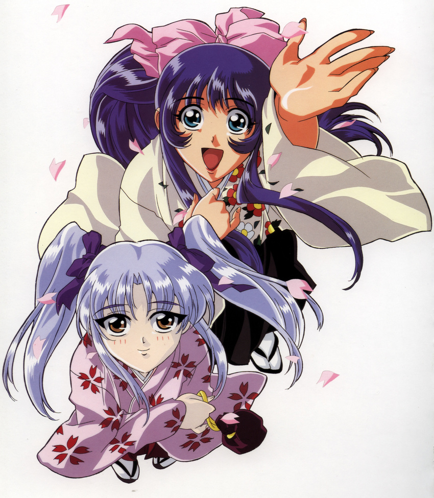 90s absurdres blue_hair bow cherry_blossoms from_above gotou_keiji hair_bow hands highres hoshino_ruri japanese_clothes kidou_senkan_nadesico kimono long_hair misumaru_yurika multiple_girls outstretched_arm outstretched_hand purple_hair reaching ribbon sandals smile tabi twintails yellow_eyes