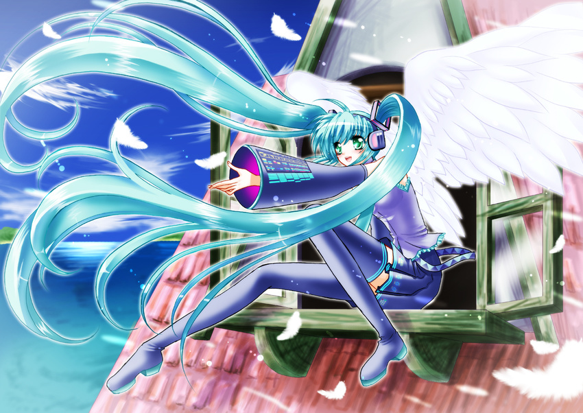 aoi_uraraka aqua_eyes aqua_hair detached_sleeves feathers hatsune_miku long_hair long_legs necktie skirt solo thighhighs twintails very_long_hair vocaloid window wings zettai_ryouiki