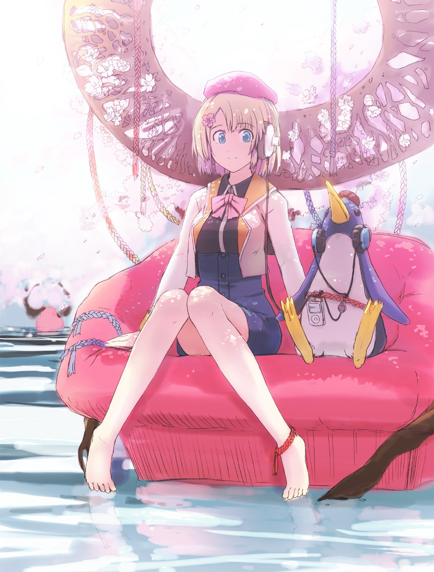 anklet bad_id bad_pixiv_id barefoot bird blonde_hair blue_eyes couch digital_media_player feet hat headphones highres ipod jewelry kurobuta_gekkan legs original penguin short_hair sitting smile solo