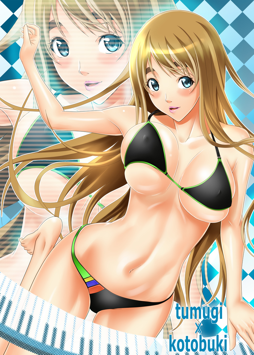 absurdres bad_id bad_pixiv_id bikini blonde_hair blue_eyes bouncing_breasts breasts covered_nipples engrish eyebrows highres instrument k-on! keyboard_(instrument) kotobuki_tsumugi large_breasts lips lipstick long_hair makeup ranguage solo swimsuit zoom_layer zucchini