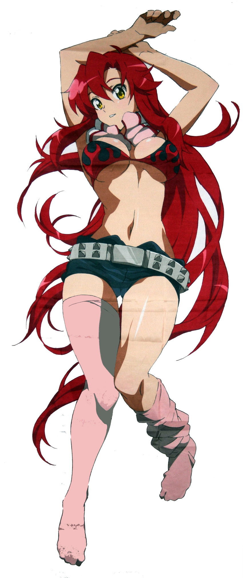 absurdres arms_up belt bikini_top highres long_hair lying midriff pink_legwear red_hair scarf short_shorts shorts solo studded_belt tengen_toppa_gurren_lagann thighhighs very_long_hair yellow_eyes yoko_littner